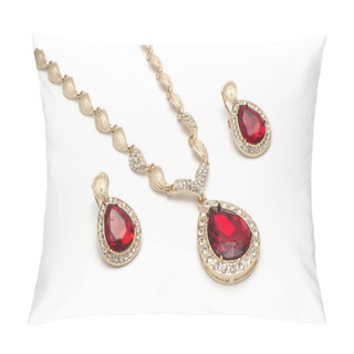 Personality  Set Of Gold Earrings And A Necklace With A Ruby Isolated On White Pillow Covers