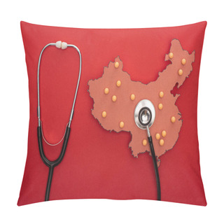 Personality  Top View Of Map Of China With Push Pins And Stethoscope On Red Background  Pillow Covers