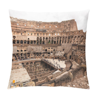 Personality  ROME, ITALY - JUNE 28, 2019: Ruins Of Colosseum And Crowd Of Tourists Under Grey Sky Pillow Covers