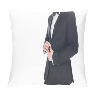 Personality  Cropped View Of Man Posing In Black Elegant Tuxedo And Tie Bow Isolated On White Pillow Covers