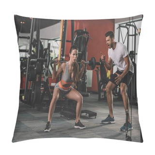 Personality  Excited Trainer Shouting While Motivating Attractive Sportswoman Lifting Barbell  Pillow Covers