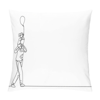 Personality  One Continuous Line Drawing Of Little Girl Who Hold A Balloon Siting On Father's Shoulder At Night Carnival Funfair. Happy Family Parenting Concept. Dynamic Single Line Draw Design Vector Illustration Pillow Covers