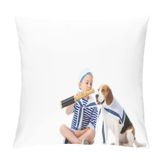 Personality  Preschooler Child In Sailor Suit Holding Spyglass While Playing With Beagle Dog Isolated On White Pillow Covers