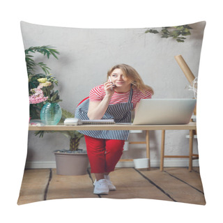 Personality  Photo Of Blonde Florist Talking On Phone At Table With Laptop Pillow Covers