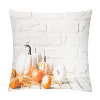 Personality  Thanksgiving Or Halloween Autumn Decorations With Heirloom Mini White And Orange Pumpkins Against A Rustic White Autumn Background. Pillow Covers
