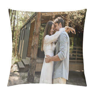 Personality  Summer Joy, Happy Woman With Tattoo On Hand Hugging With Boyfriend Near Vacation House In Forest Pillow Covers