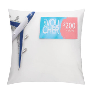 Personality  Top View Of Toy Plane Near Gift Voucher With 200 Values Sign On White Background Pillow Covers