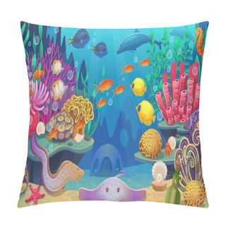 Personality  Large Set Of Coral Reef With Algae Tropical Fish And Corals. Vector Illustration In Cartoon Style. Pillow Covers