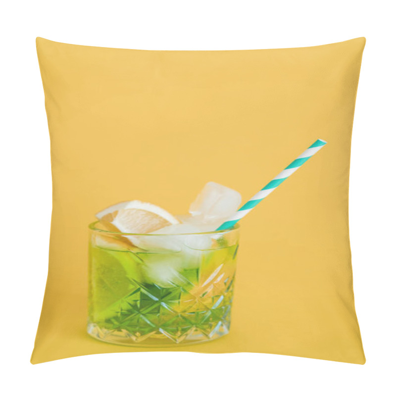 Personality  sliced citrus fruit in glass with mojito drink and straw on yellow  pillow covers