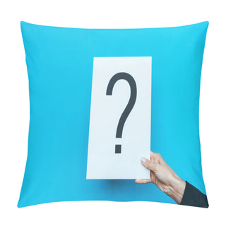 Personality  Cropped View Of Woman Holding Board With Placard With Question Mark On Blue Pillow Covers