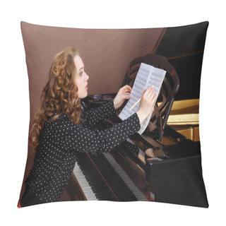 Personality  Young Woman Musician Writes In Music Book Pencil. Pillow Covers