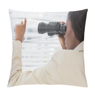 Personality  Businesswoman Peeking With Binoculars Through Blinds Pillow Covers