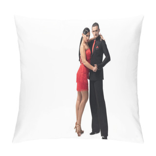 Personality  Elegant Couple Of Dancers Looking At Camera While Performing Tango On White Background Pillow Covers