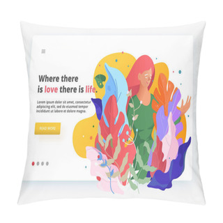 Personality  Modern Fluid Style Website Illustration. Web Page Design Template. Woman In Fantasy Leaves And Flowers. Pillow Covers