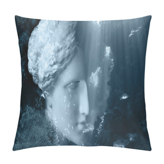 Personality  Face Of Ancient Statue On A Underwater Background With Corals And Fish. Art, Adventure, Underwater Archeology Concept. Pillow Covers