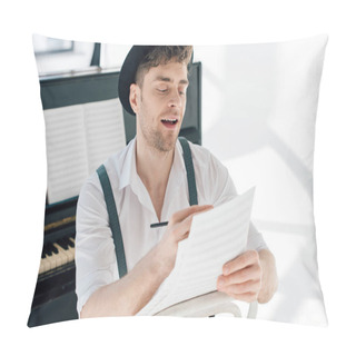 Personality  Selective Focus Of Cheerful Man Composing Music At Home Pillow Covers