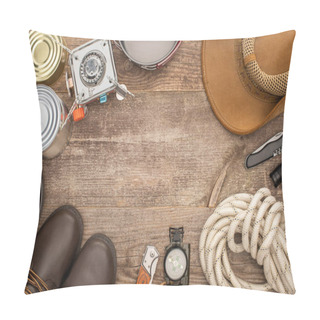 Personality  Top View Of Gas Burner, Metal Dishes, Tin Cans, Boots, Hat And Hiking Equipment On Wooden Surface Pillow Covers