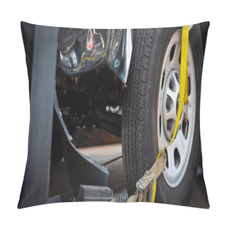 Personality  Panorama Smashed Bumper Front Fender On Pickup Truck By Car Accident On Flatbed Rollback Tilt Tray Of Tow Truck With Yellow Ratchet Strap Tie Down, Collision, Insurance Claim Concept, Texas. USA Pillow Covers
