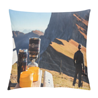 Personality  Such An Awesome View. Touristic Place With Bench And Cups At Seceda Mountains. Pillow Covers