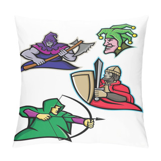 Personality  Mascot Icon Illustration Set Of A King Or Royal Medieval Court Persons Or Characters Like The Hooded Executioner, Court Jester, Fool Or Joker, Medieval Knight And The Medieval Archer On Isolated Background In Retro Style. Pillow Covers