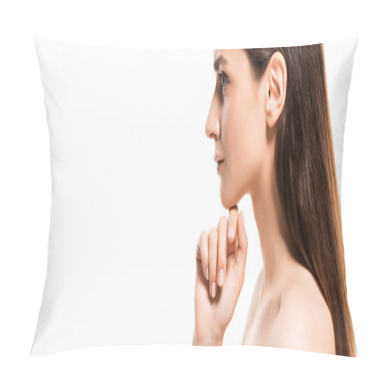 Personality  Side View Of Brunette Young Naked Woman With Perfect Skin Touching Chin Isolated On White Pillow Covers