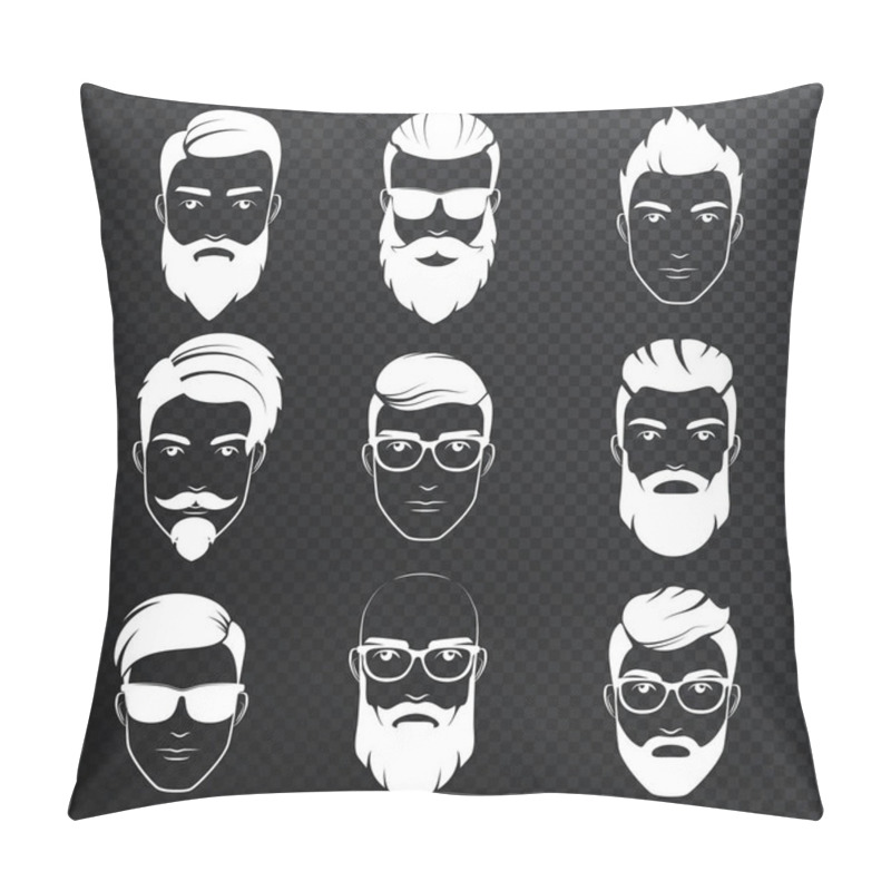 Personality  Set of vector bearded hipster men faces on the transperant alpha background. White color haircuts, beards, mustaches set. Handsome man emblems icons. pillow covers