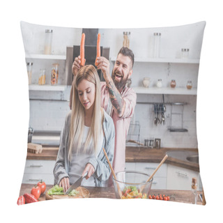 Personality  Funny Man Putting Carrots On Woman Head While Girl Cooking Dinner Pillow Covers