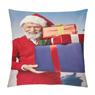 Personality  Stylish Handsome Santa With Presents In Hands With Snowy Mountain Backdrop, Winter Concept Pillow Covers