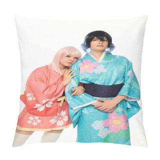 Personality  Blonde Anime Style Woman Leaning On Extravagant Man In Colorful Kimono On White, Cosplay Characters Pillow Covers