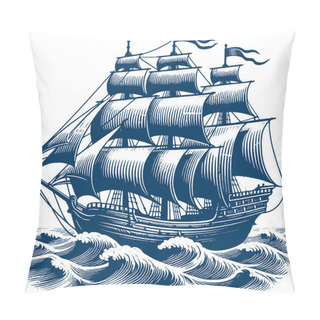 Personality  Ancient Wooden Sailboat Cruising On Waves Vector Crosshatch Depiction Pillow Covers