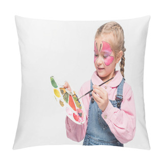 Personality  Adorable Child With Butterfly Painting On Face Holding Palette And Paintbrush Isolated On White Pillow Covers