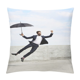 Personality  Ecstatic Jumping Businessman With Umbrella Pillow Covers