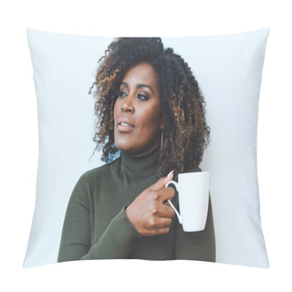 Personality  Cheerful Woman Enjoying While Looking Away With Coffee Cup Against White Background Pillow Covers