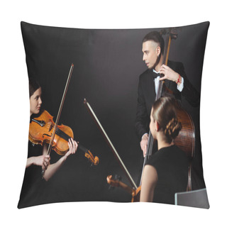 Personality  Trio Of Professional Musicians Playing On Musical Instruments On Dark Stage Pillow Covers