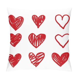 Personality  Hand Drawn Doodle Hearts, Hand Drawn Love Heart Collection. Red Color Vector Pillow Covers