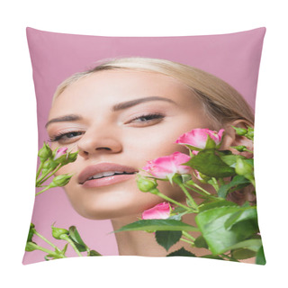 Personality  Beautiful Blonde Woman In Rose Flowers Isolated On Pink Pillow Covers