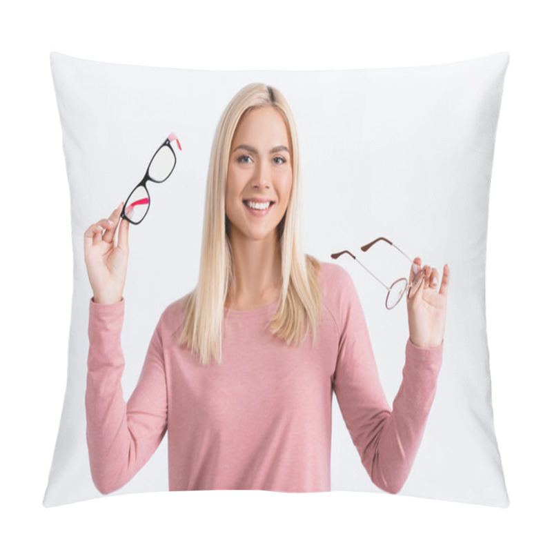Personality  Positive Woman Looking At Camera While Holding Eyeglasses Isolated On Grey Pillow Covers