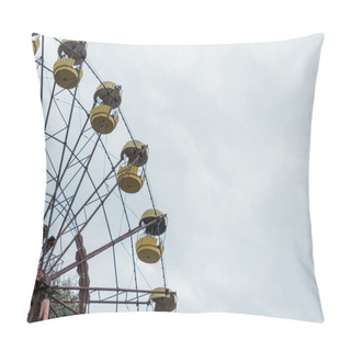 Personality  PRIPYAT, UKRAINE - AUGUST 15, 2019: Abandoned And Rusty Ferris Wheel In Amusement Park Against Blue Sky With Clouds  Pillow Covers