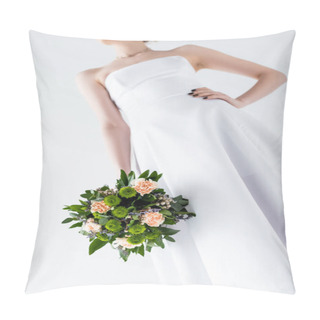 Personality  Cropped View Of Elegant Bride In Wedding Dress Holding Flowers Isolated On White  Pillow Covers