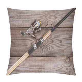 Personality  Elevated View Of Fishing Rod On Wooden Background, Minimalistic Concept  Pillow Covers