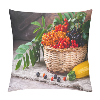 Personality  Branches Of Red, Orange And Black Mountain Ash And Fresh, Yellow Zucchini On Sackcloth Napkin On Wooden Background. Autumn Theme.  Pillow Covers