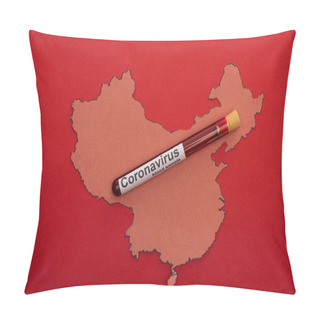 Personality  Top View Of Test Tube With Blood Sample On Wooden China Map Isolated On Red Pillow Covers