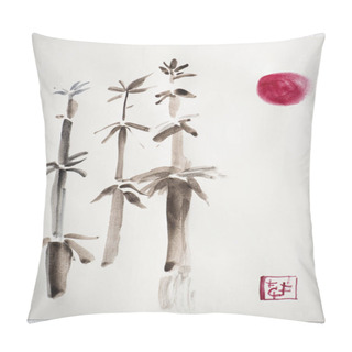 Personality  Top View Of Paper With Japanese Painting With Bamboo, Pink Sun And Seal On Wooden Background Pillow Covers