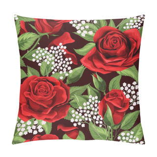 Personality  Red Roses Embroidery Seamless Pattern. Beautiful Buds Of Red Roses On Black Pillow Covers
