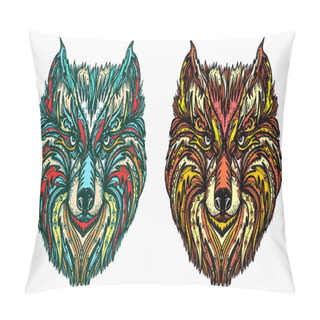 Personality  Ornamental Wolf Head Tattoo And T-shirt Design. Native American  Pillow Covers