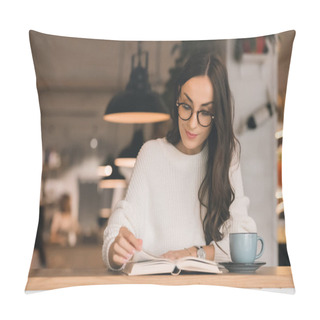 Personality  Attractive Young Woman In Eyeglasses Reading Book At Table With Coffee Cup In Cafe Pillow Covers