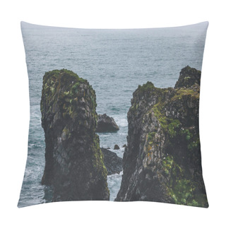 Personality  Mossy Cliffs In Front Of Blue Ocean In Arnarstapi, Iceland On Cloudy Day Pillow Covers