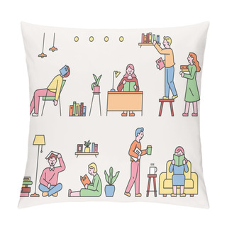 Personality  People Are Reading Books In Various Poses In Their Homes. Flat Design Style Minimal Vector Illustration. Pillow Covers
