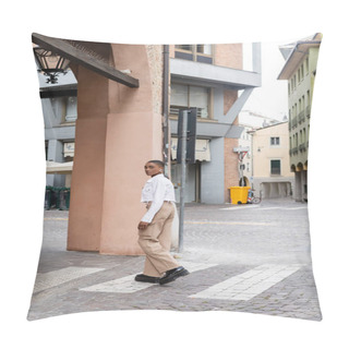 Personality  Stylish African American Woman With Wireless Earphone Looking At Camera While Walking On Urban Street In Treviso Pillow Covers