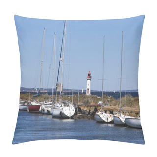 Personality  Boats In The Canal Du Midi, With The Les Onglous Lighthouse In The Background. A World Heritage Site. Agde, France Pillow Covers